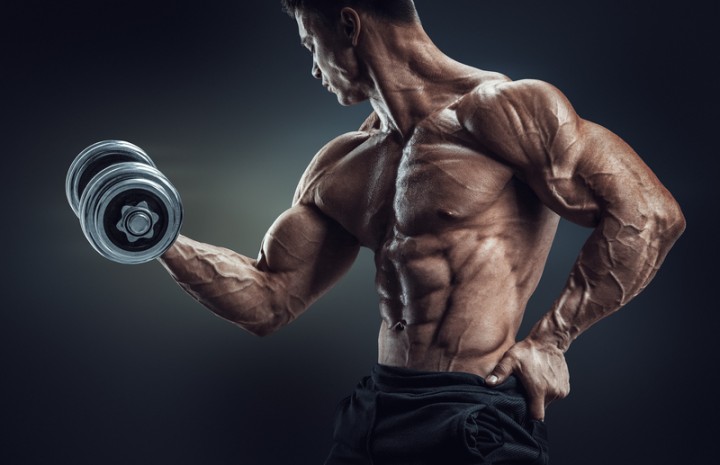 Handsome power athletic man in training pumping up muscles with dumbbell. Strong bodybuilder with six pack, perfect abs, shoulders, biceps, triceps and chest. Image with clipping path